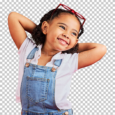Buy stock photo Little girl, happy and thinking in fashion pose, trendy or stylish clothes for kids branding. Smile, youth and young child stretching arms for playful posing isolated on a transparent png background