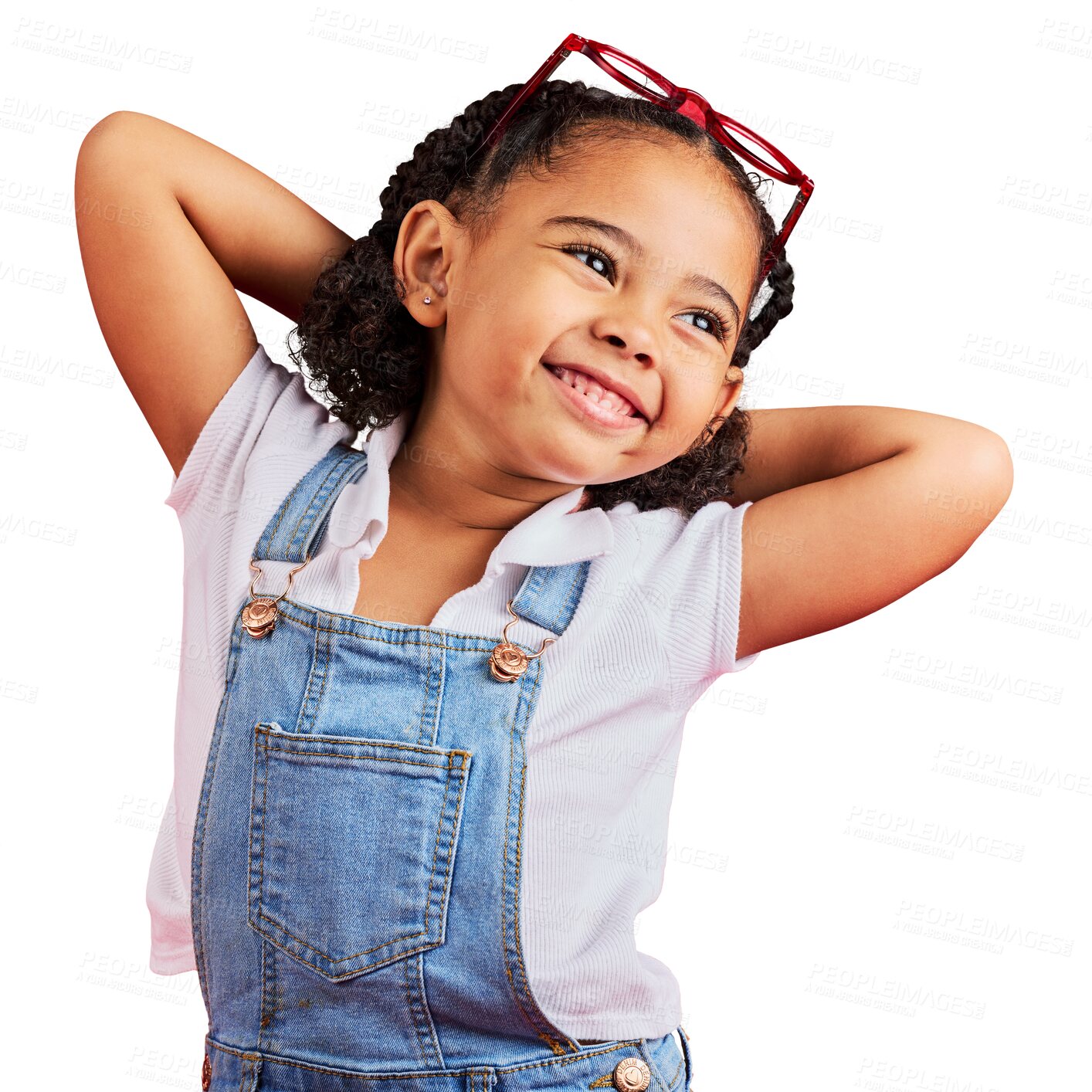 Buy stock photo Little girl, happy and thinking in fashion pose, trendy or stylish clothes for kids branding. Smile, youth and young child stretching arms for playful posing isolated on a transparent png background