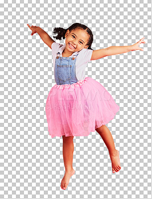 Buy stock photo Portrait, girl and jump in tutu skirt, excited and princess isolated on a transparent background. Female child, ballet clothes and kid with energy for performance, dance and ballerina dress with png