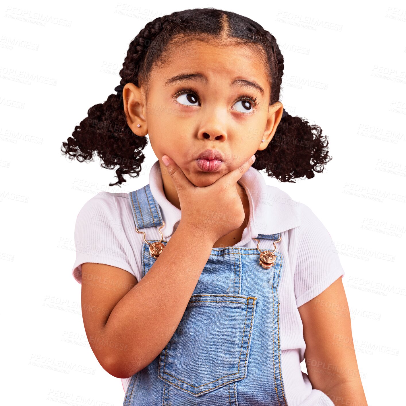 Buy stock photo Kid, girl with ideas or thinking face of kindergarten student with puzzle, question or plan on isolated, transparent or png background. African, child with curious or creative mind or kids fashion