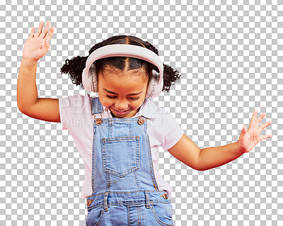 Buy stock photo Happy, child and music headphones to dance isolated on a transparent png background. Radio, smile and African girl kid listening while streaming sound, audio or podcast, media and hip hop with energy