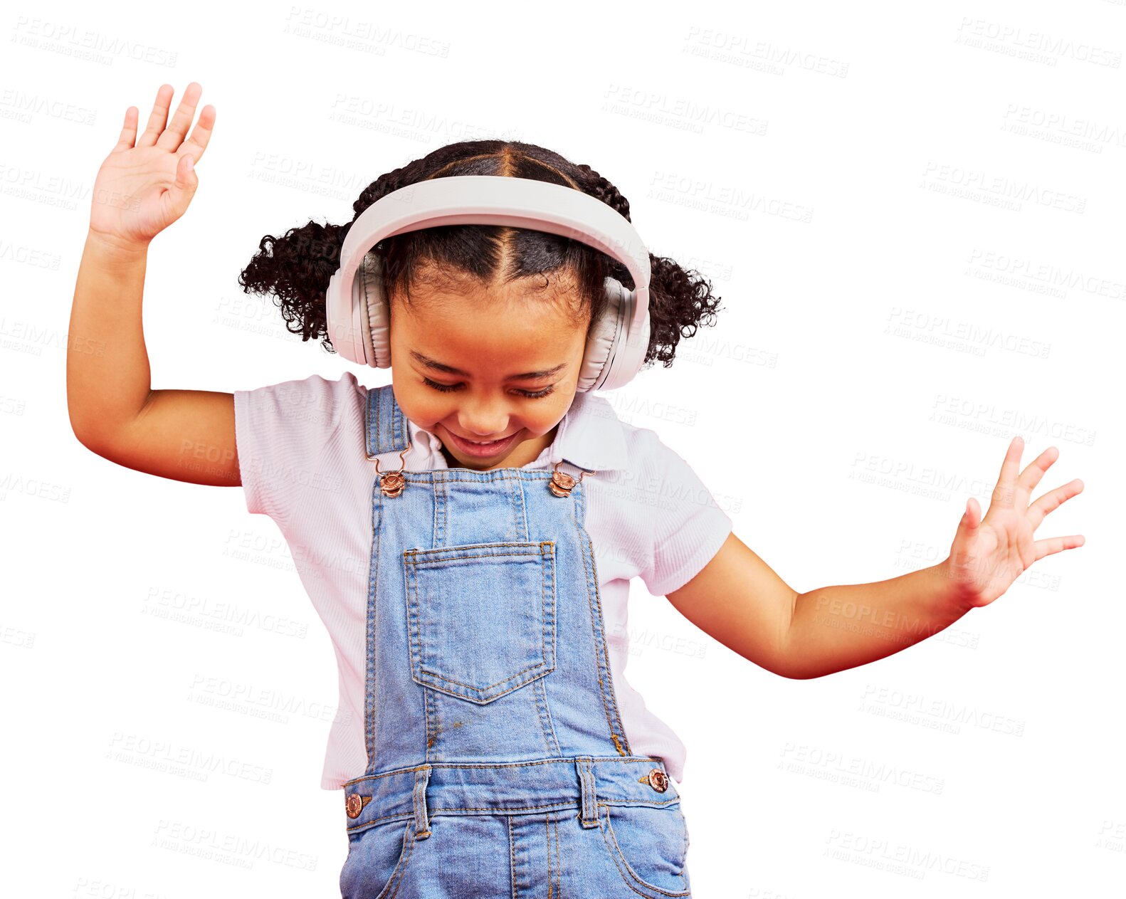 Buy stock photo Happy, child and music headphones to dance isolated on a transparent png background. Radio, smile and African girl kid listening while streaming sound, audio or podcast, media and hip hop with energy