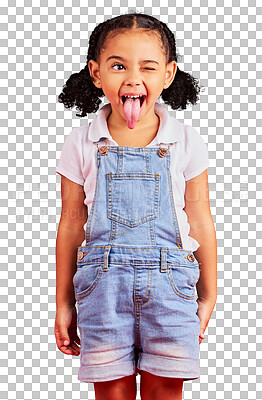 Child, face and tongue out on isolated red background in goofy,