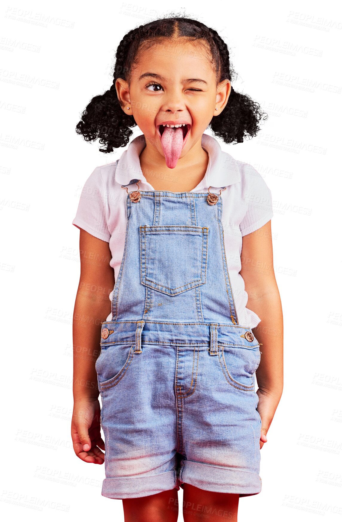 Buy stock photo Child, face and tongue out and fashion isolated transparent, png background for funny games and playful facial or emoji. Happy latino girl or kid in Mexico with denim clothes and youth meme and wink