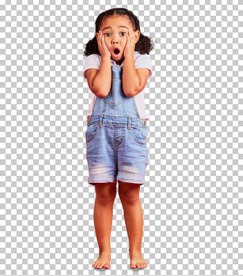 Buy stock photo Portrait, wow and surprise with a girl child isolated on a transparent background looking shocked at a news alert. Children, emoji and gossip with a young female kid looking amazed or in awe on PNG