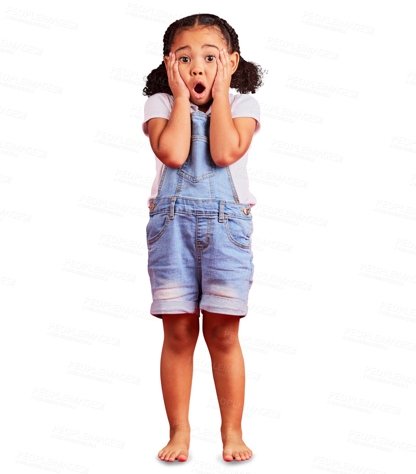 Buy stock photo Portrait, wow and surprise with a girl child isolated on a transparent background looking shocked at a news alert. Children, emoji and gossip with a young female kid looking amazed or in awe on PNG