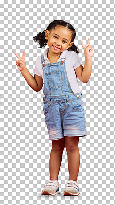 Buy stock photo Portrait, peace sign and girl with a smile, youth or summer outfit isolated on a transparent background. Female child, meme or kid with happiness, hand gesture or funny face with fashion, png or cute