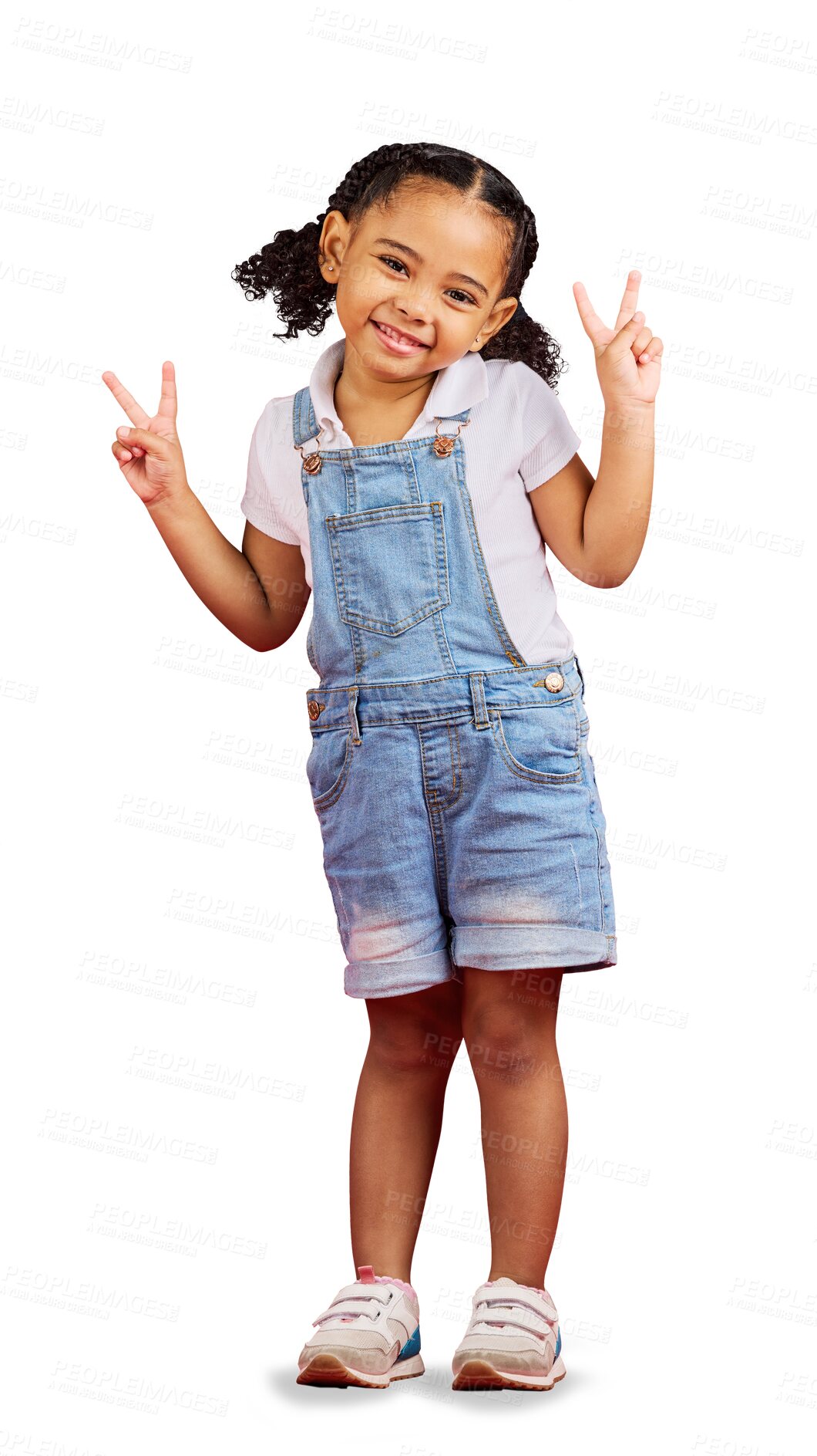 Buy stock photo Portrait, peace sign and girl with a smile, youth or summer outfit isolated on a transparent background. Female child, meme or kid with happiness, hand gesture or funny face with fashion, png or cute