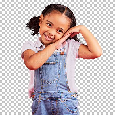 Little girl, cute and shy expression on isolated red background