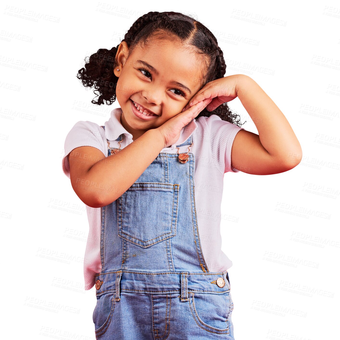 Buy stock photo Young girl, cute and shy expression with happy kid in denim clothes, fashion and fun isolated on transparent png background. Casual, happiness and female child with innocent face, playful and bashful