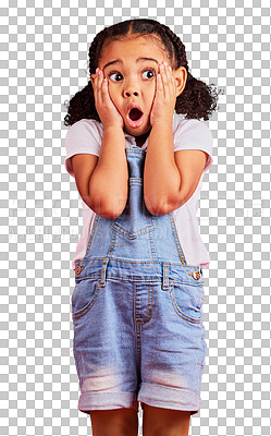 Buy stock photo Shocked child, girl and hands on face isolated on transparent, png background for kids gossip, news or scary story. Surprise, anxiety or scared kid with horror facial expression, wow and emoji look