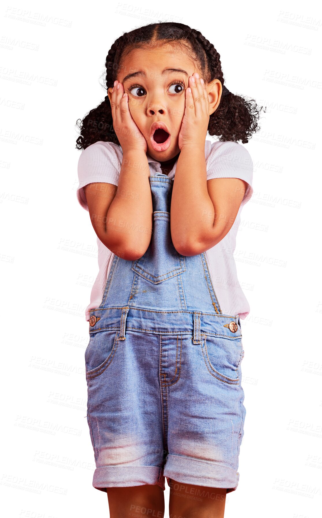 Buy stock photo Shocked child, girl and hands on face isolated on transparent, png background for kids gossip, news or scary story. Surprise, anxiety or scared kid with horror facial expression, wow and emoji look
