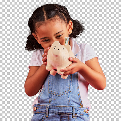 Buy stock photo Happy, cash and girl with a piggy bank, money planning and savings isolated on a transparent background. Future, kid and female child with investment, growth or budget with png, finance or cash box
