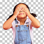 Little girl, hands and eyes cover on isolated red background for