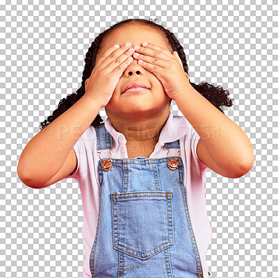 Buy stock photo Little girl, hands and cover eyes while isolated on transparent png background for shy, mistake expression or peekaboo games. Child, kid and youth in hide and seek activity, surprise gesture or emoji