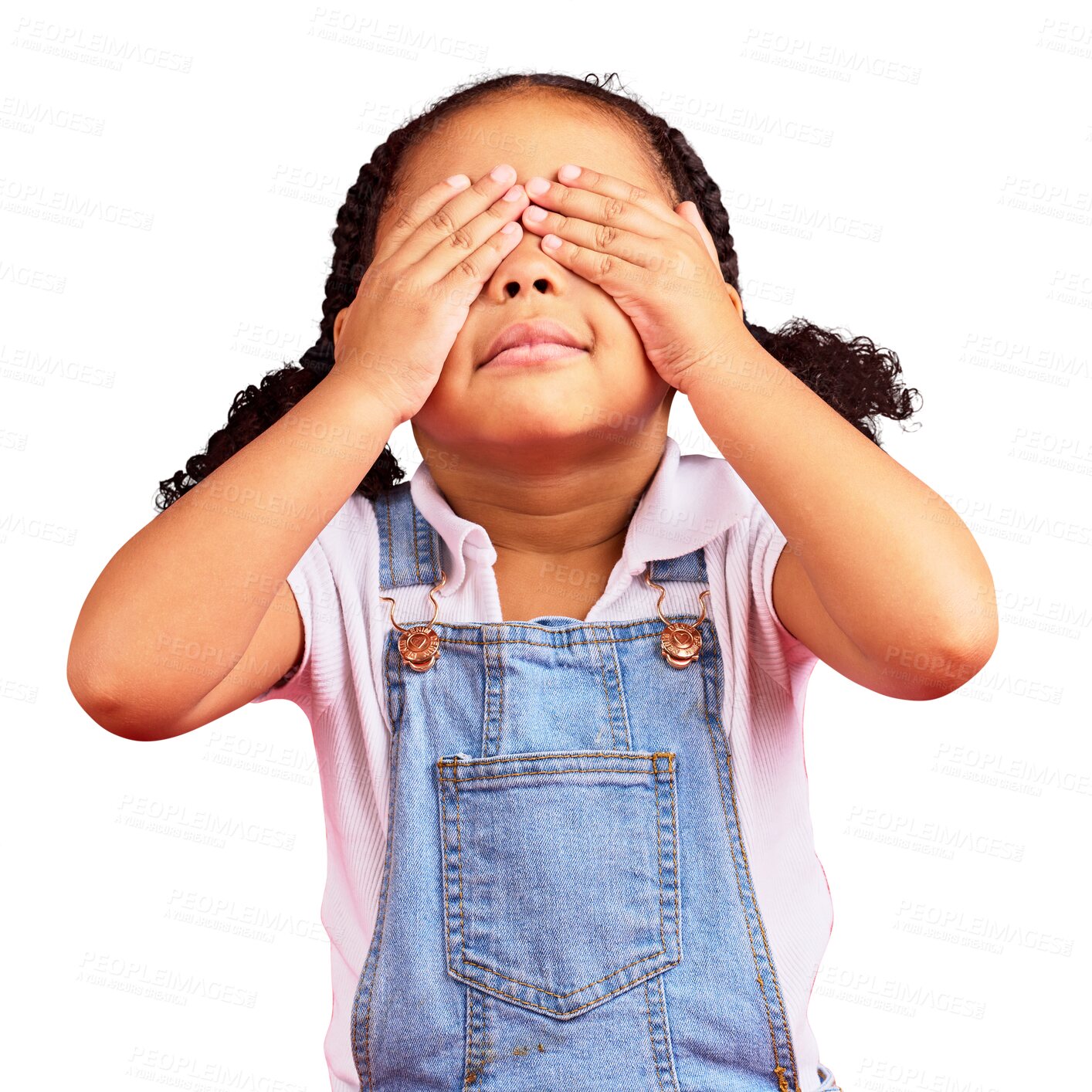 Buy stock photo Little girl, hands and cover eyes while isolated on transparent png background for shy, mistake expression or peekaboo games. Child, kid and youth in hide and seek activity, surprise gesture or emoji