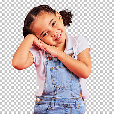 Buy stock photo Young girl, portrait and shy expression with happy kid in denim clothes, cute and fun isolated on transparent png background. Casual, happiness and female child has innocent face, playful and bashful