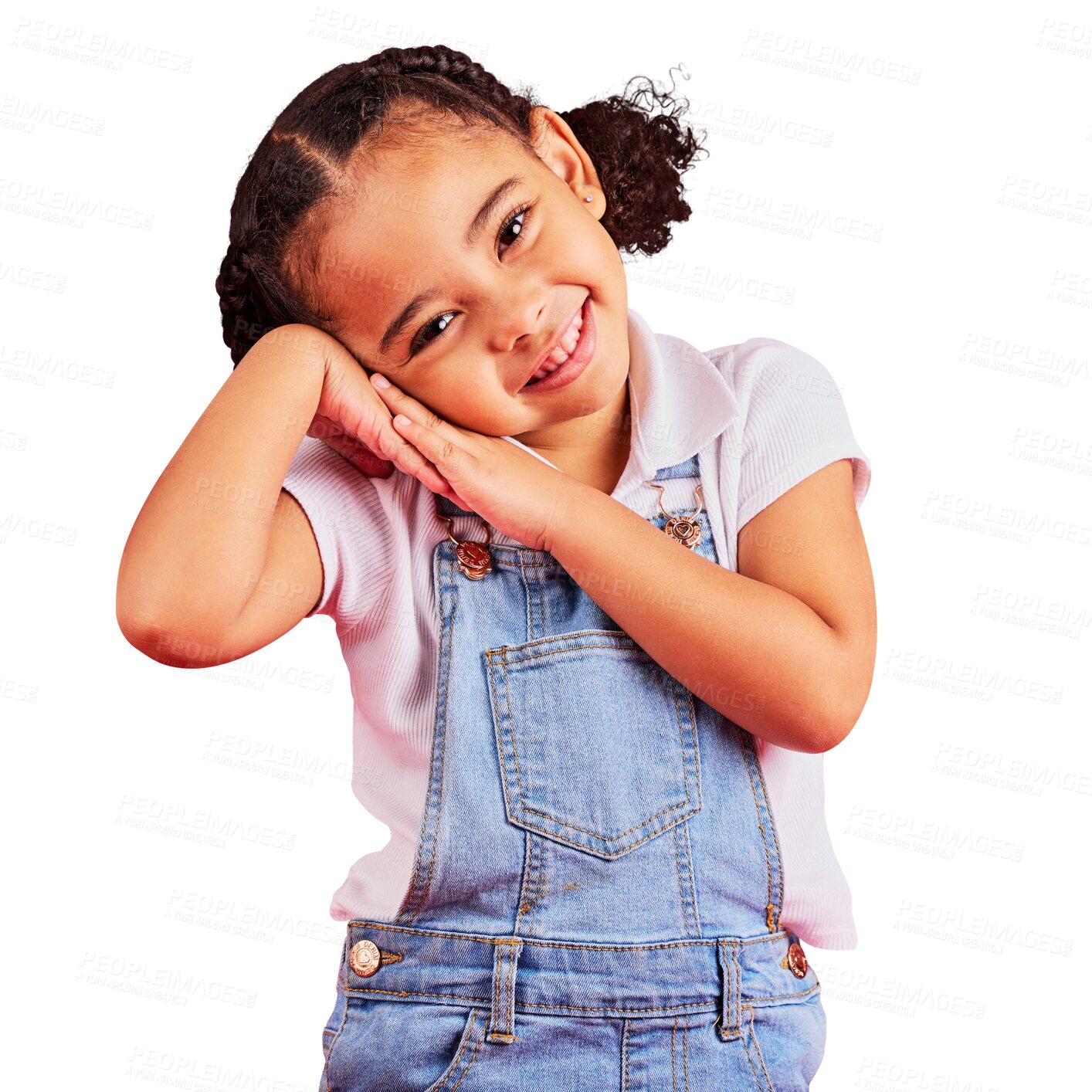 Buy stock photo Young girl, portrait and shy expression with happy kid in denim clothes, cute and fun isolated on transparent png background. Casual, happiness and female child has innocent face, playful and bashful