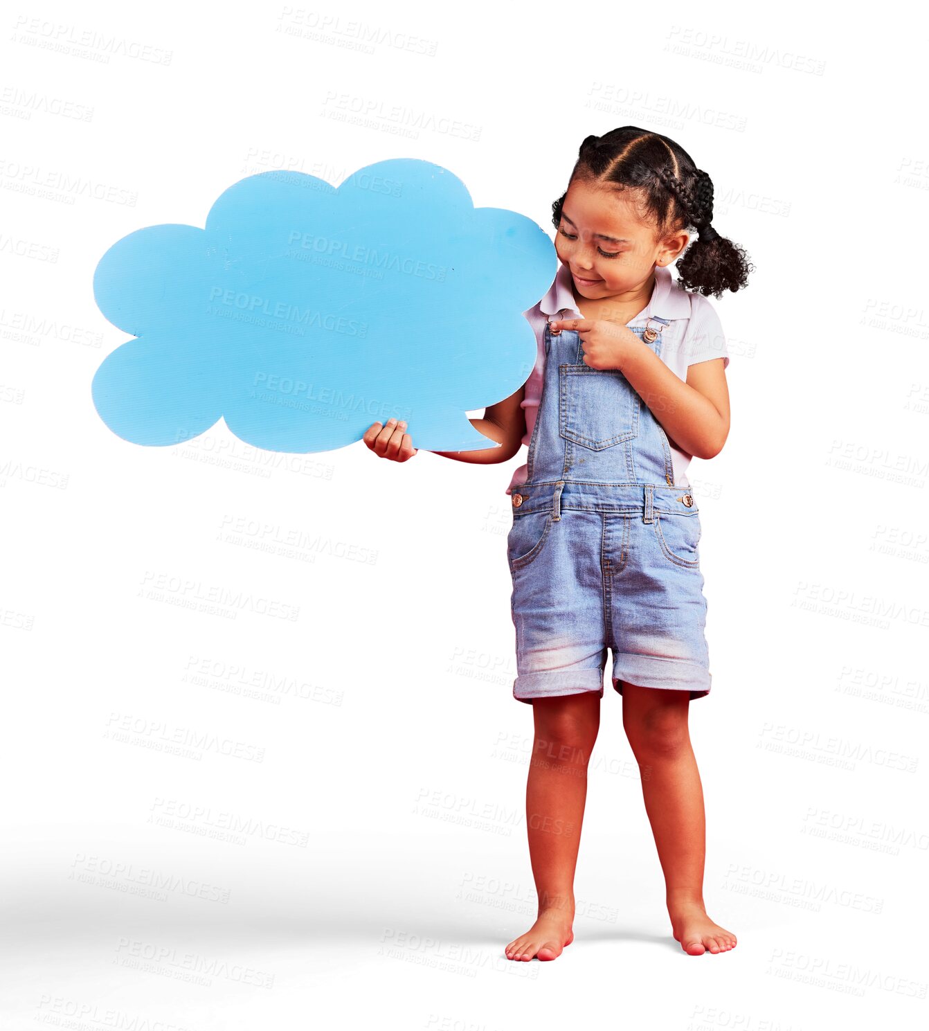 Buy stock photo Girl kid, pointing at speech bubble with opinion and voice isolated on png transparent background. News dialogue, social media announcement and young female child, mockup with comment or feedback