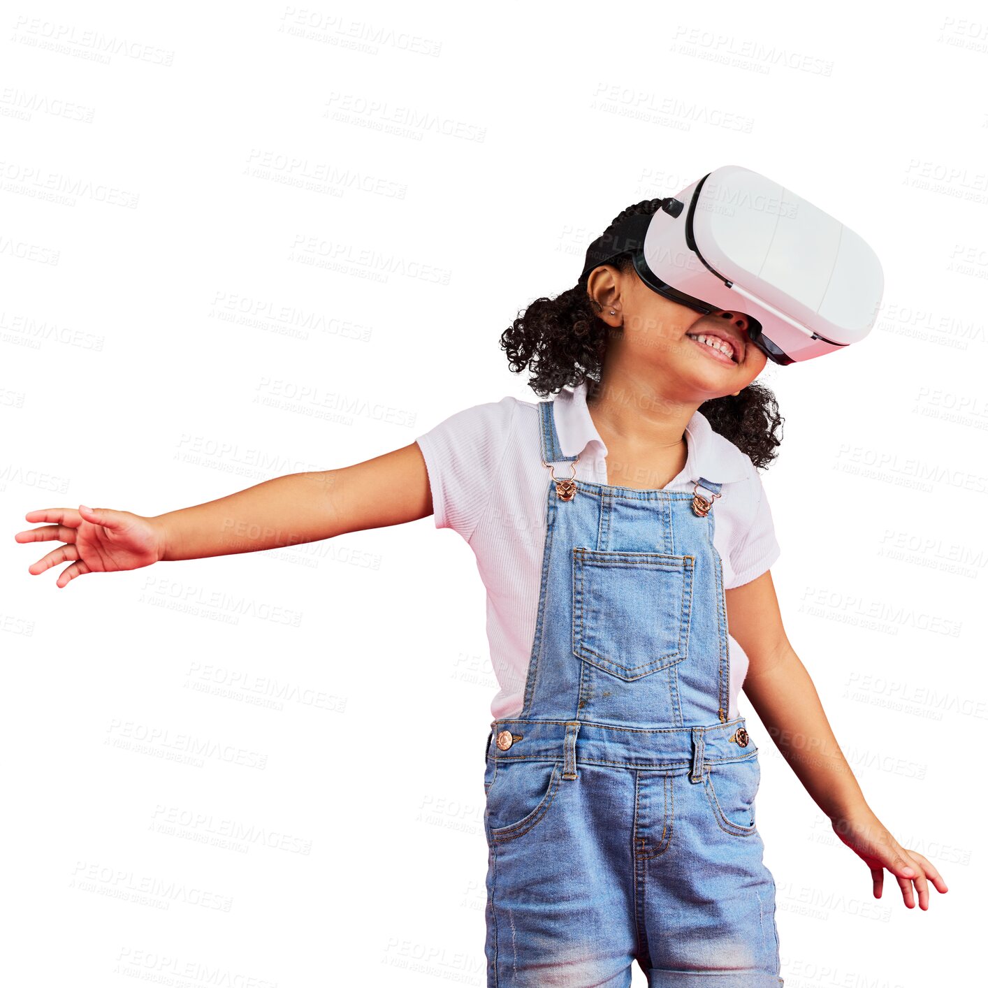 Buy stock photo Happy, virtual reality and metaverse with girl and glasses for digital transformation, video games and innovation. Smile, playing and a child with vr headset isolated on a transparent png background