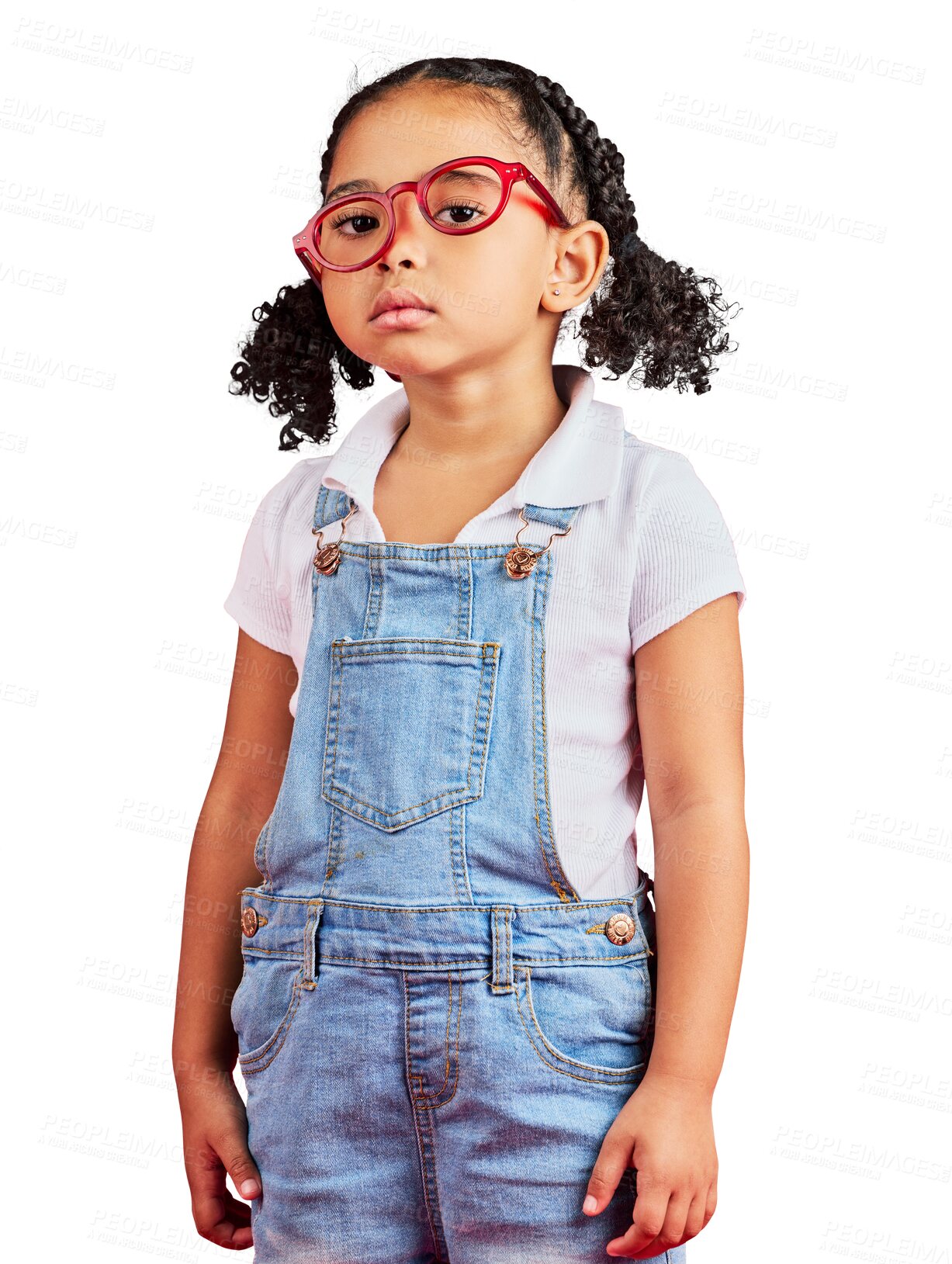 Buy stock photo Portrait, sad and african girl with glasses depressed on png or isolated and transparent background for eyesight. Kid, frustrated and face with female child with frame for prescription and vision.