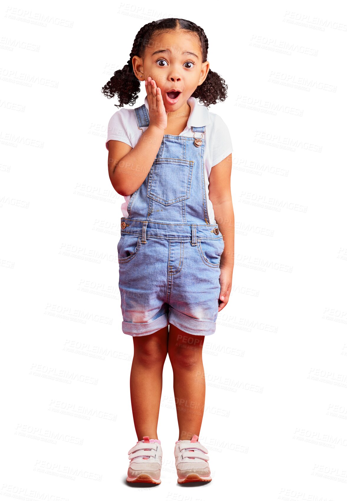 Buy stock photo Surprise, portrait and girl excited, wow and happiness isolated on a transparent background. Omg, female child or happy kid with facial expression, cute and promotion with png, announcement and shock