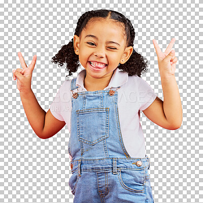 Buy stock photo Happy, peace sign and a wink with portrait of a girl for summer, happiness and funny face. Emoji, fashion and smile with child and hand gesture for youth isolated on a transparent png background