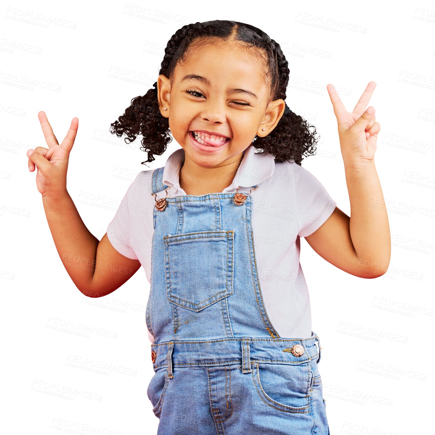 Buy stock photo Happy, peace sign and a wink with portrait of a girl for summer, happiness and funny face. Emoji, fashion and smile with child and hand gesture for youth isolated on a transparent png background