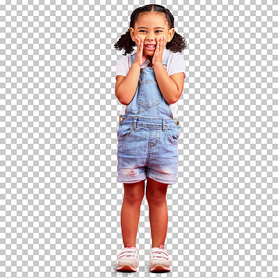 Buy stock photo Surprise, portrait and girl with a smile, wow and positive news isolated on a transparent background. Omg, female child and happy kid with facial expression, shocked and promotion with png and emoji