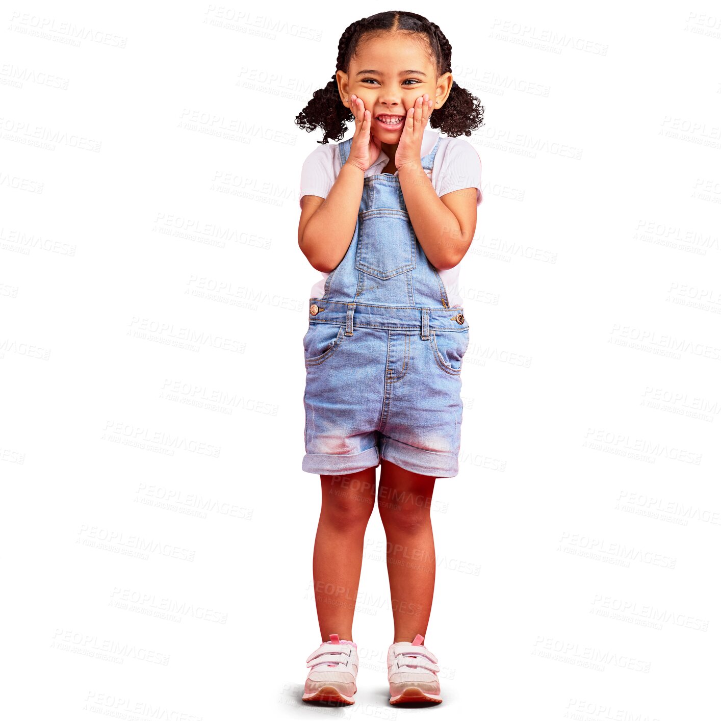 Buy stock photo Surprise, portrait and girl with a smile, wow and positive news isolated on a transparent background. Omg, female child and happy kid with facial expression, shocked and promotion with png and emoji