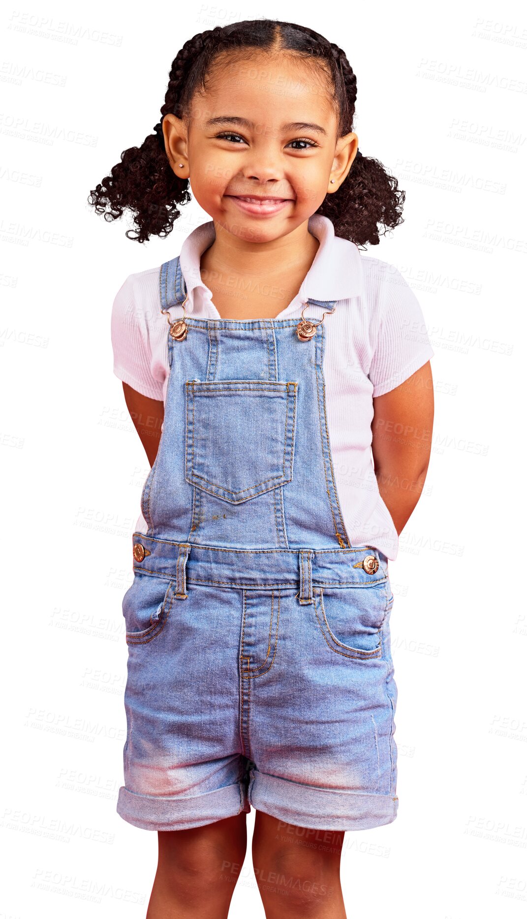 Buy stock photo Happy, young child and portrait of girl, smile with positivity and denim fashion isolated on png transparent background. Face, happiness and trendy youth, female kid in casual clothes and carefree