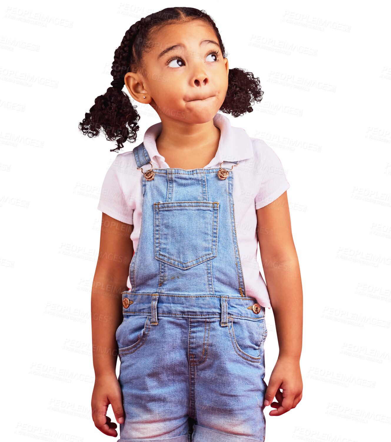 Buy stock photo Thinking face, girl with ideas or kid in kindergarten or student with question or plan on isolated, transparent or png background. African, child with curious or creative mind for kids fashion