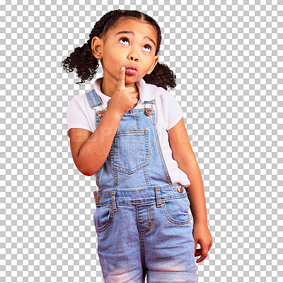 Buy stock photo Girl, kid with ideas or thinking face of kindergarten student with decision, question or choice on isolated, transparent or png background. African, child with curious or creative mind or kids plan