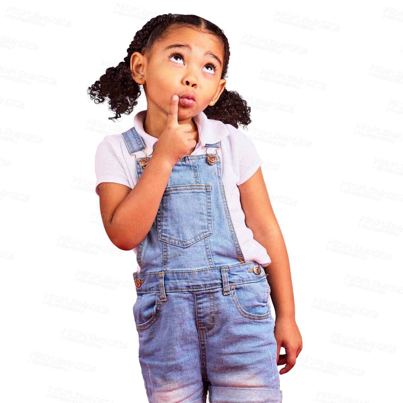 Buy stock photo Girl, kid with ideas or thinking face of kindergarten student with decision, question or choice on isolated, transparent or png background. African, child with curious or creative mind or kids plan