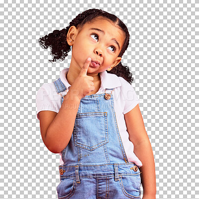 Buy stock photo Isolated girl child, thinking and idea for problem solving, decision and mindset by transparent png background. Student kid, brain power and wonder for focus, memory and finger on chin for vision