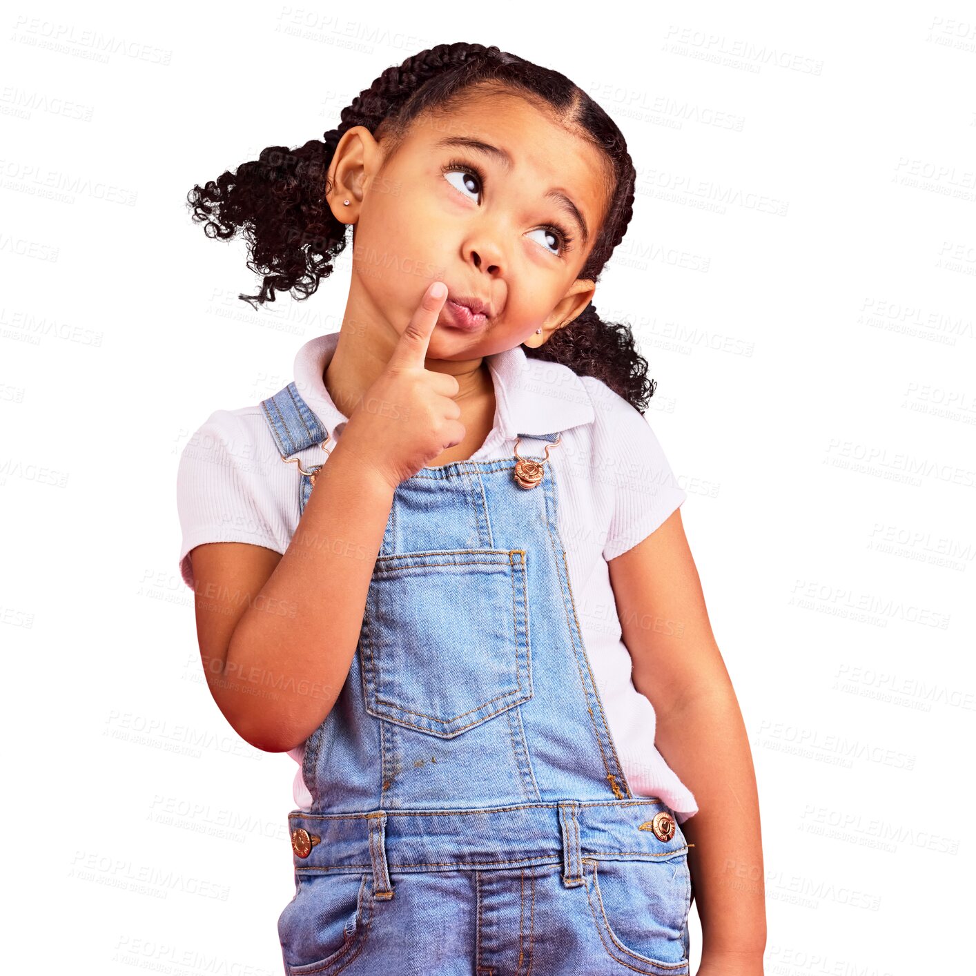 Buy stock photo Isolated girl child, thinking and idea for problem solving, decision and mindset by transparent png background. Student kid, brain power and wonder for focus, memory and finger on chin for vision