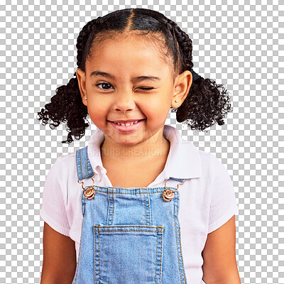 Buy stock photo Portrait, child with a wink and young girl in kindergarten with happiness on isolated, transparent or png background. Emoji, winking face and playful toddler with a smile or model for kids fashion