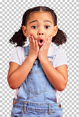 Buy stock photo Surprise, portrait or girl with news, wow or announcement isolated on a transparent background. Omg, female child or happy kid with facial expression, cute or png with emoji, shocked and notification