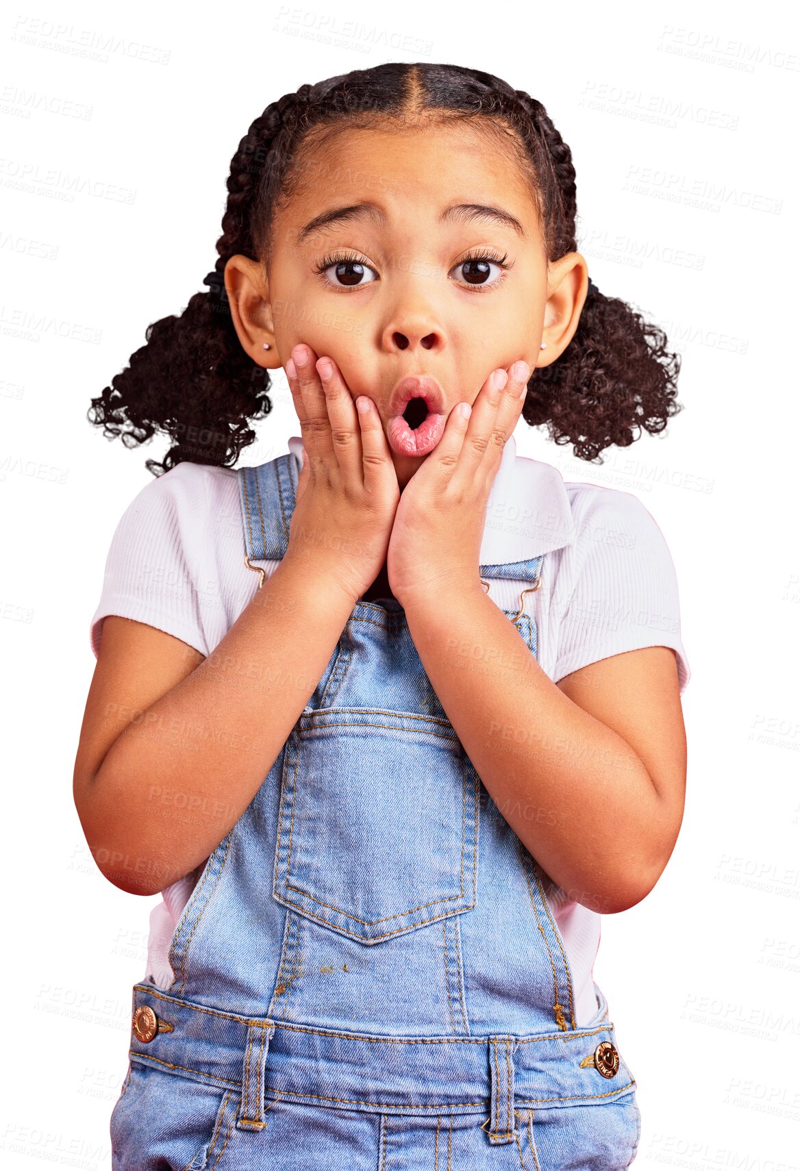 Buy stock photo Surprise, portrait or girl with news, wow or announcement isolated on a transparent background. Omg, female child or happy kid with facial expression, cute or png with emoji, shocked and notification