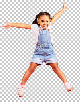 Excited, playful and portrait of a girl jumping while isolated o