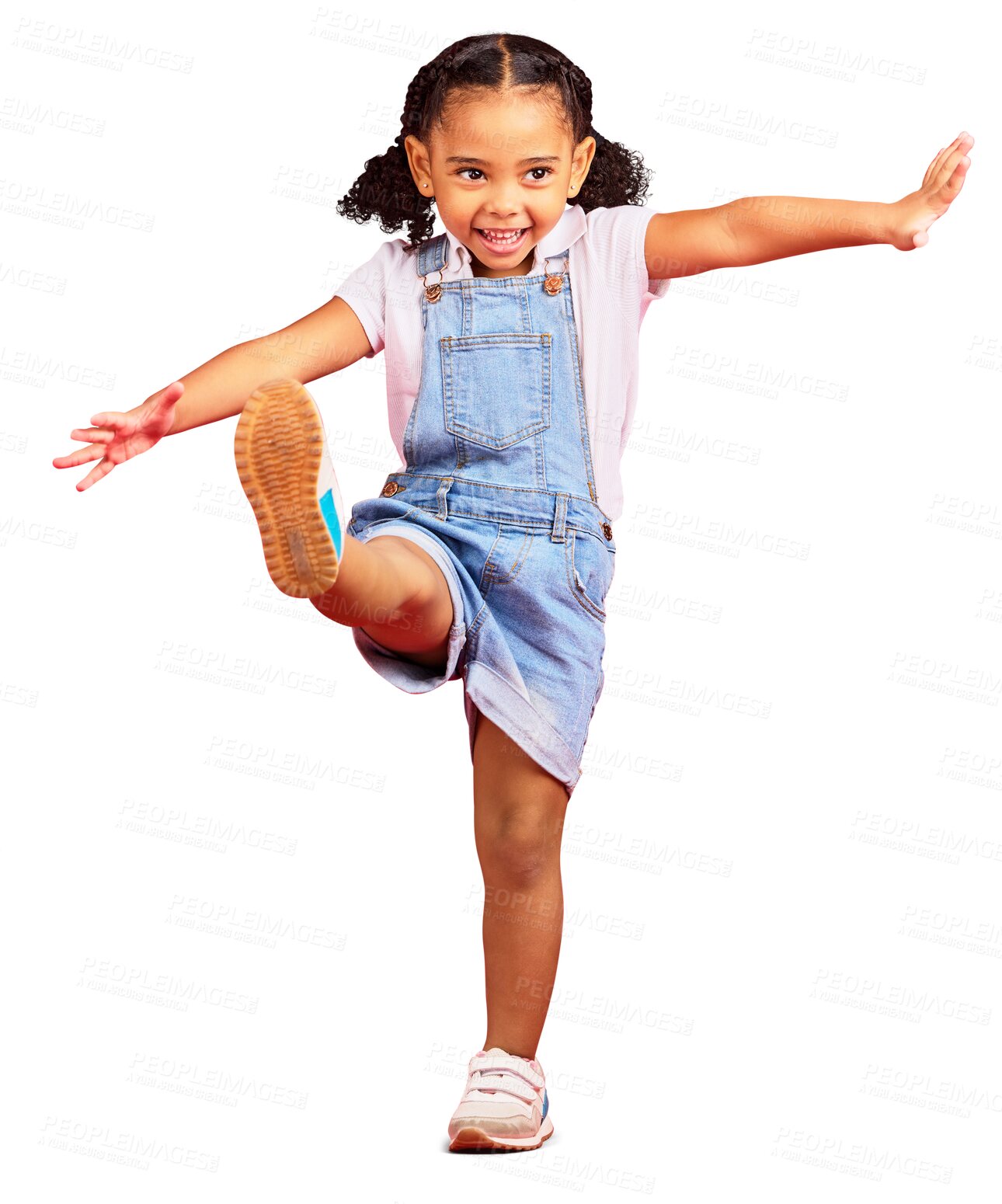 Buy stock photo Kick legs, youth and girl with a smile, motion and happy childhood isolated against a transparent background. Png, female child or excited kid with movement, balance or happiness with energy or dance