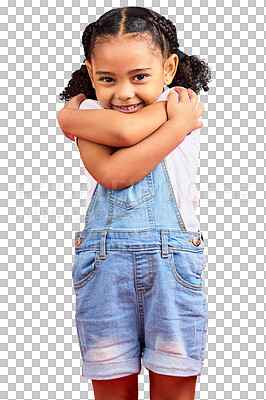 Buy stock photo Portrait, hug and girl for a self love smile, care and loving gesture isolated on a transparent png background. Youth, cute child and happy, pride and a toddler embracing, confident and playing