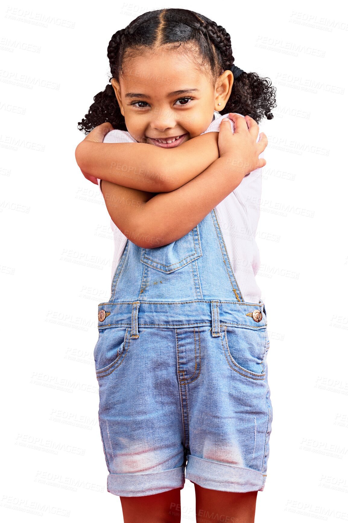 Buy stock photo Portrait, hug and girl for a self love smile, care and loving gesture isolated on a transparent png background. Youth, cute child and happy, pride and a toddler embracing, confident and playing