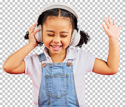 Buy stock photo Music headphones, smile and kid dancing isolated on a transparent png background. Radio, happy and African girl child listening while streaming sound, audio or podcast, media and hip hop with energy.