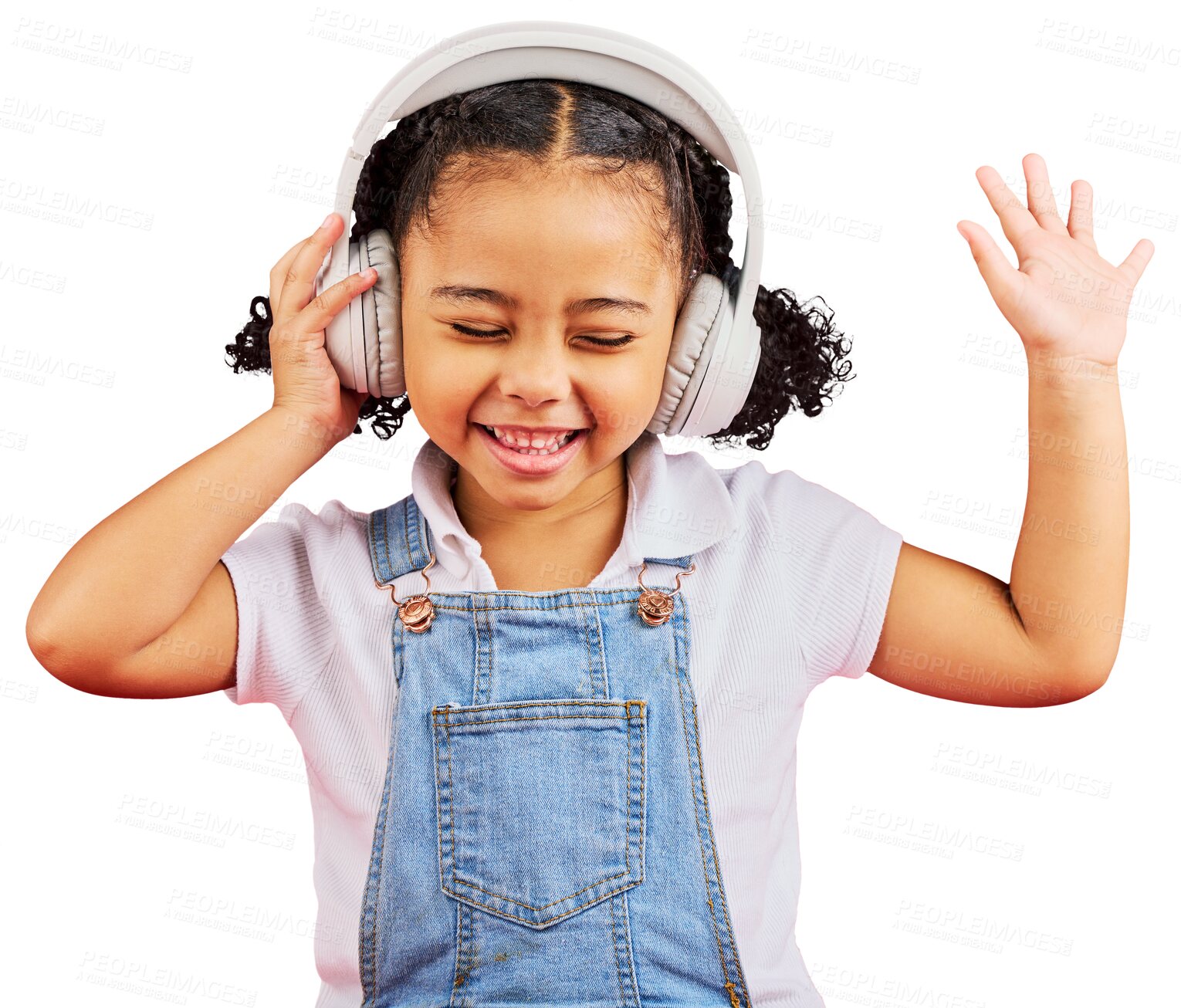 Buy stock photo Music headphones, smile and kid dancing isolated on a transparent png background. Radio, happy and African girl child listening while streaming sound, audio or podcast, media and hip hop with energy.