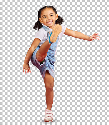 Buy stock photo Excited, kick and girl with happiness, energy and cool clothes isolated against a transparent background. Female child, movement and kid with fashion, excitement and motion with png, winner and smile
