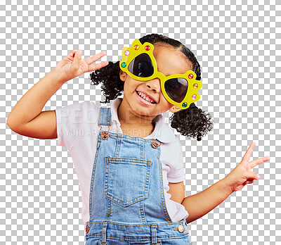 Buy stock photo Peace, girl in sunglasses and kid with funny fashion, clothes and happiness on isolated, transparent or png background. Portrait, mockup and female child with fun glasses, eyewear and creative style