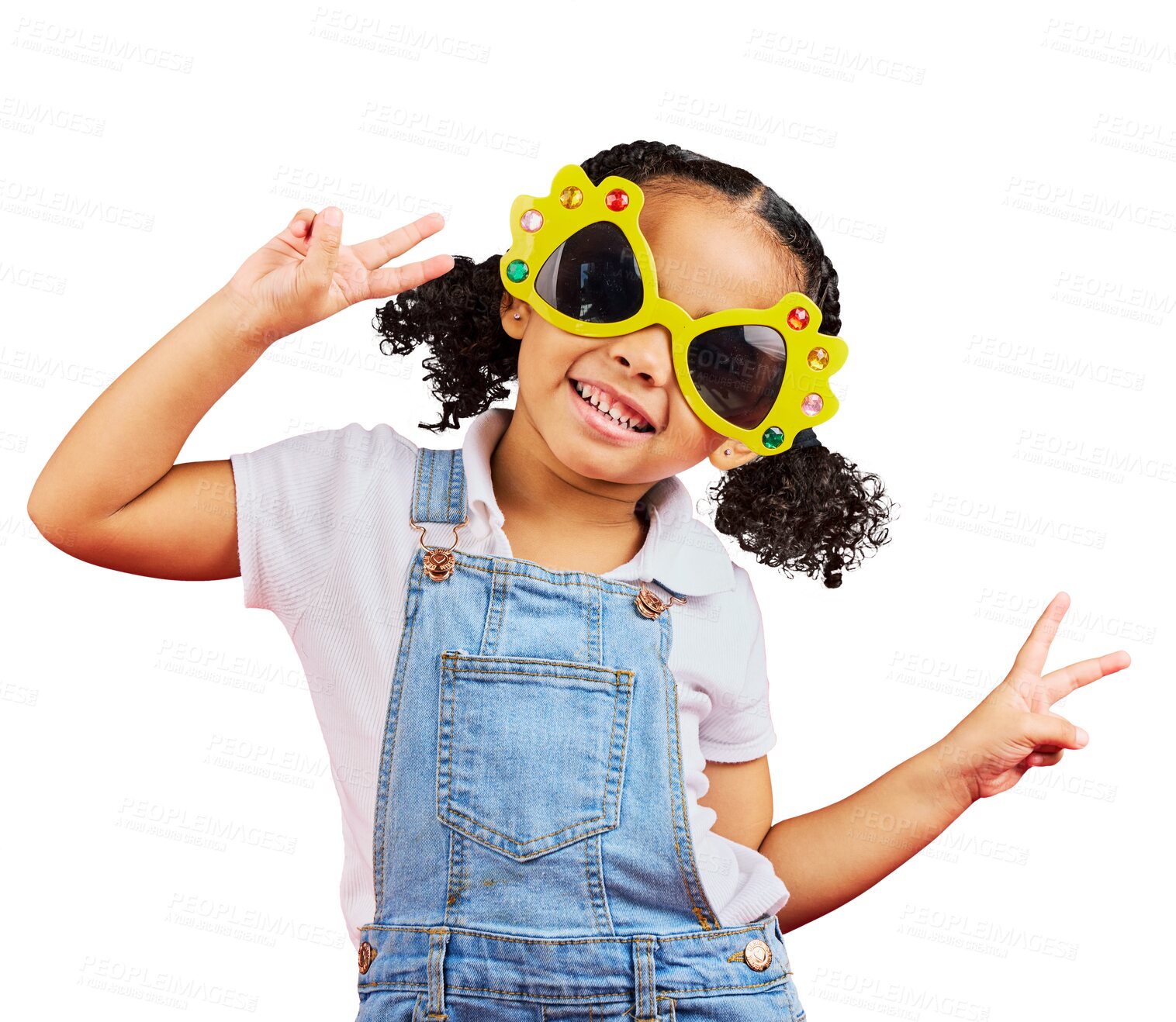 Buy stock photo Peace, girl in sunglasses and kid with funny fashion, clothes and happiness on isolated, transparent or png background. Portrait, mockup and female child with fun glasses, eyewear and creative style