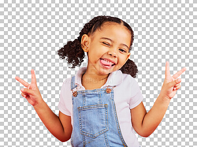 Buy stock photo Playful, peace sign and a wink with portrait of a girl for summer, happiness and funny face. Emoji, fashion and smile with child and hand gesture for youth isolated on a transparent png background