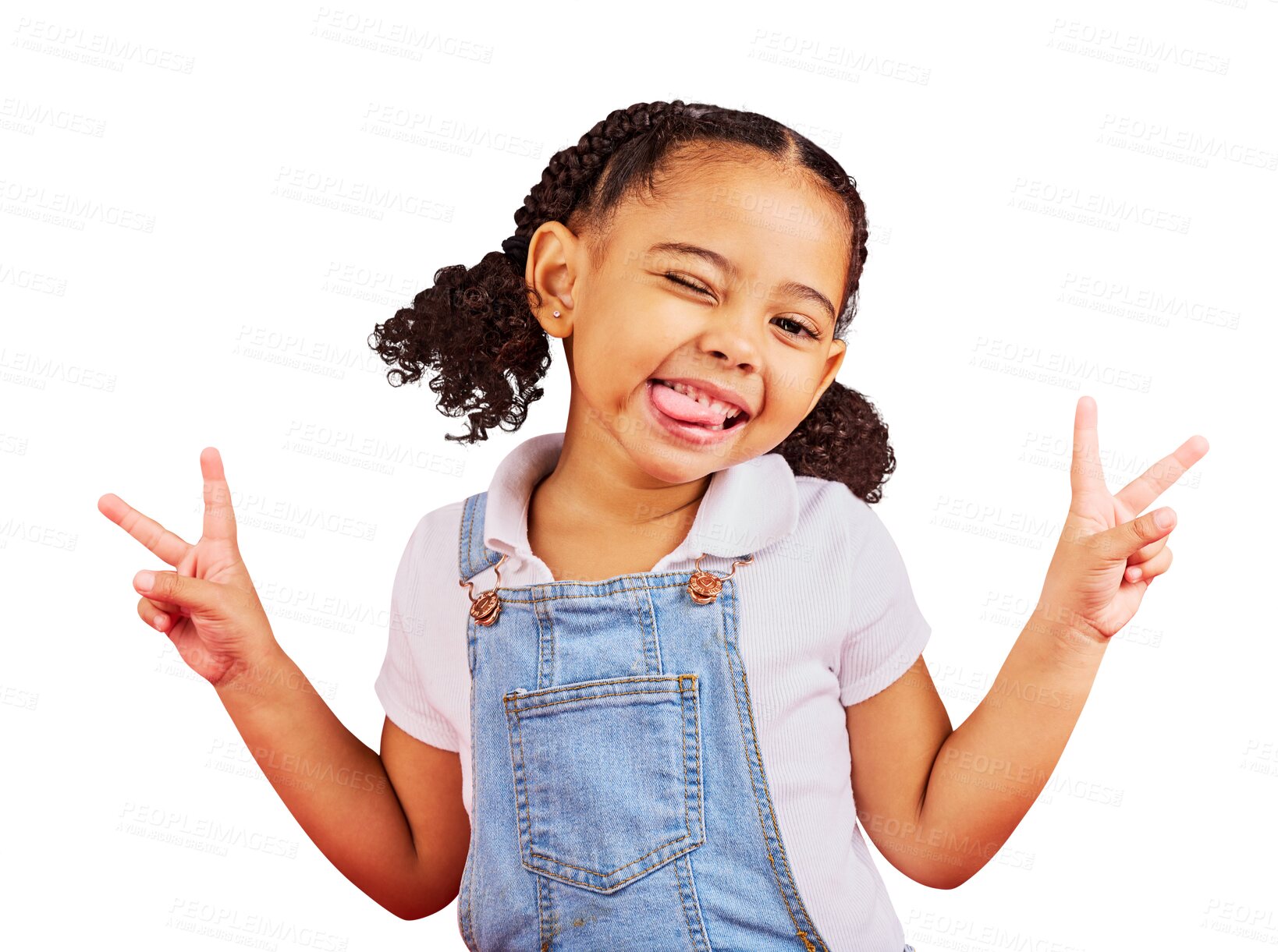 Buy stock photo Playful, peace sign and a wink with portrait of a girl for summer, happiness and funny face. Emoji, fashion and smile with child and hand gesture for youth isolated on a transparent png background